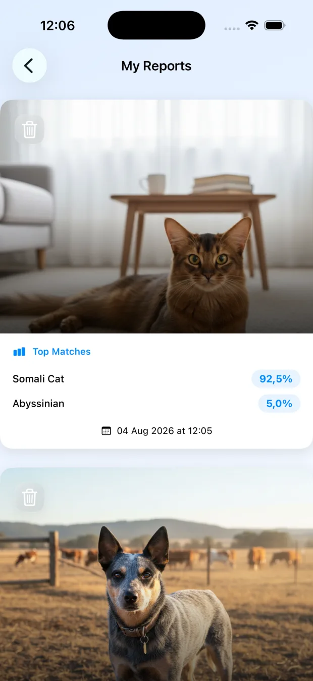 PetDNA app showing saved cat and dog reports