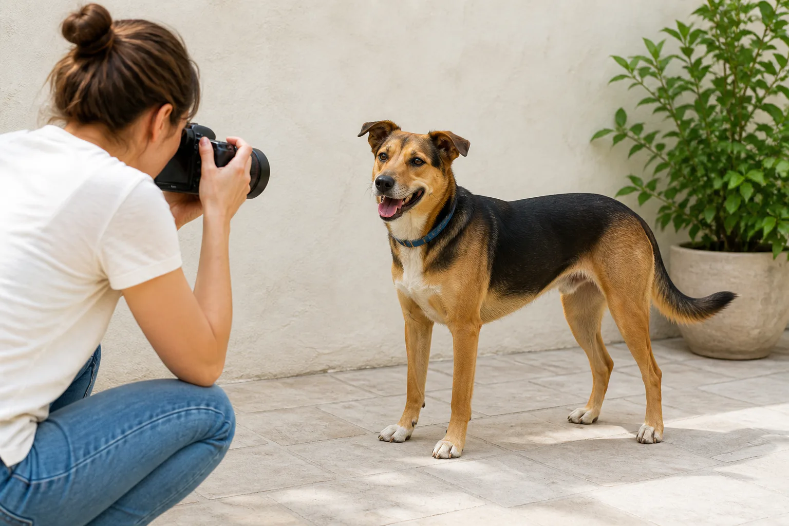 Dog standing in open shade while a person photographs its face, body, legs, and tail