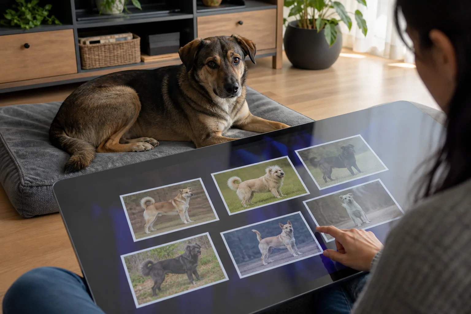 Owner comparing several unlabelled dog photos while a mixed-breed dog rests nearby