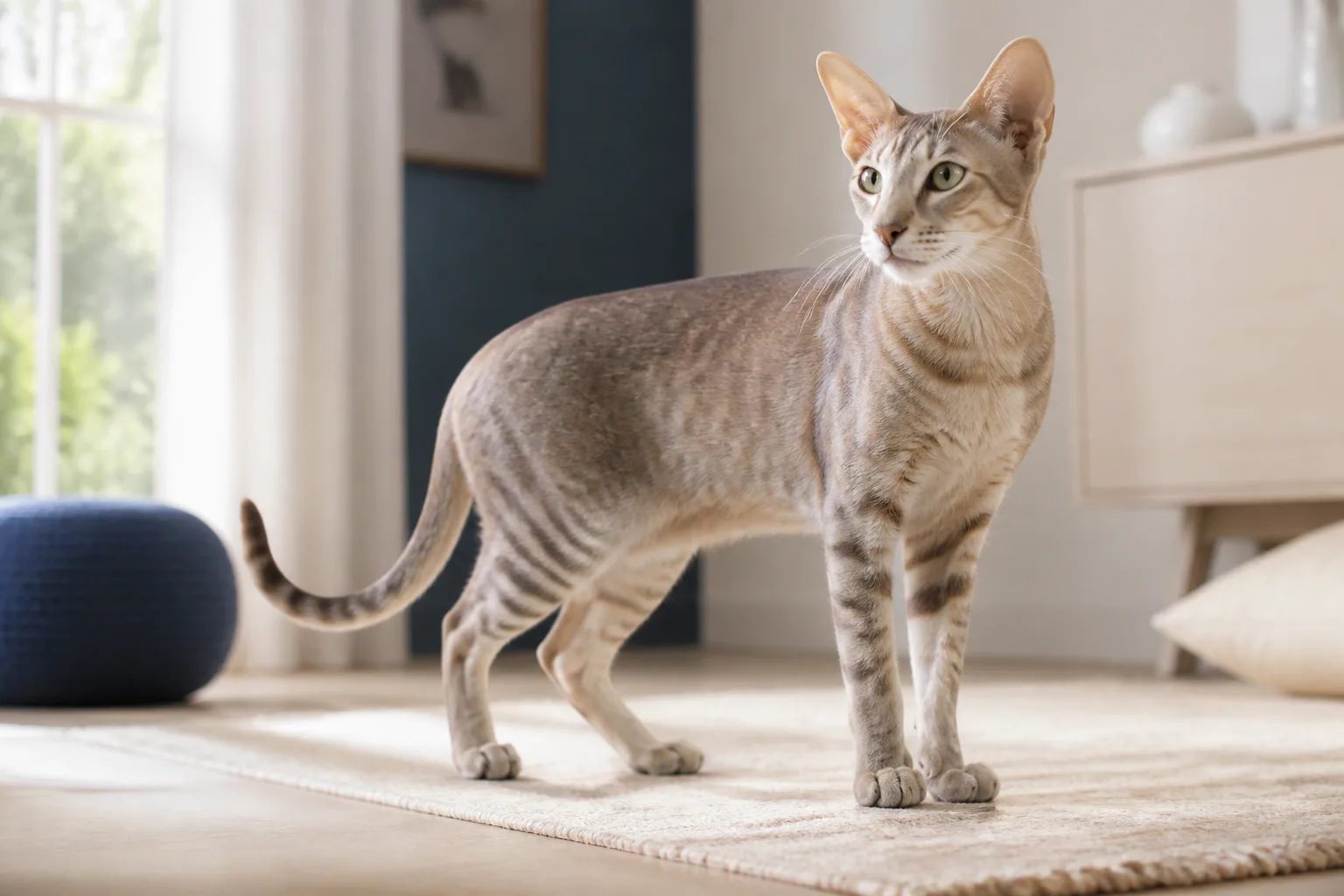 Slender patterned domestic cat standing in soft window light with its full body visible