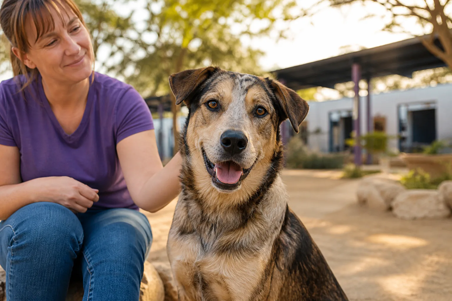 Friendly mixed-breed rescue dog sitting with a shelter volunteer in warm afternoon light