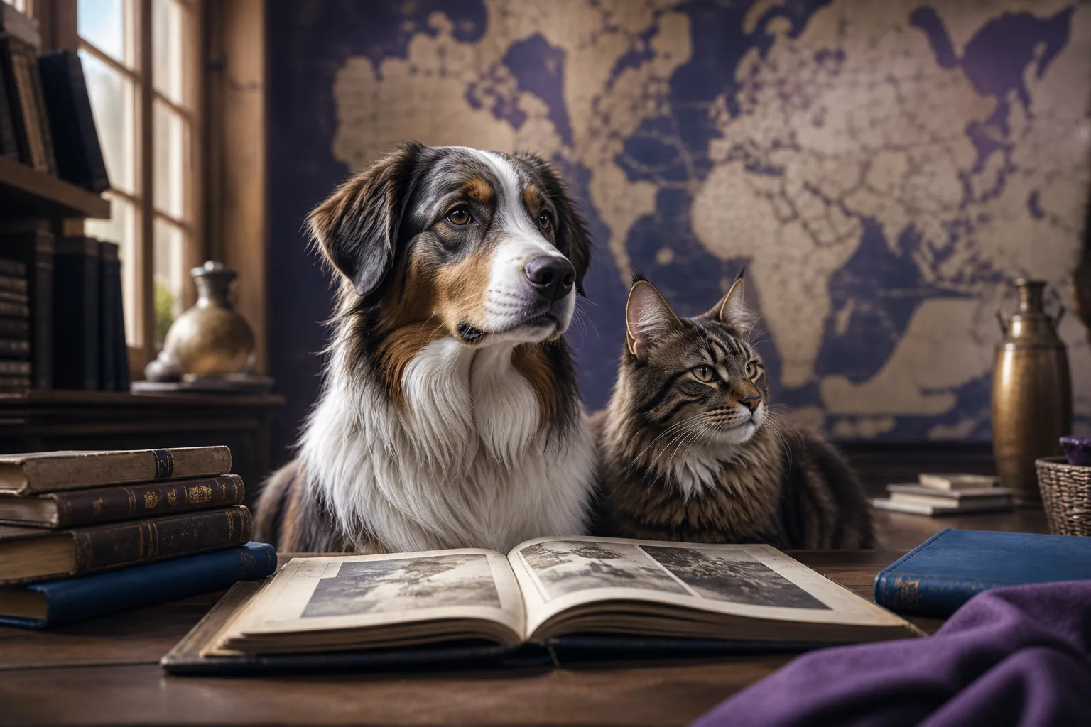 Dog and cat beside an old photo album in a map-lined reading room