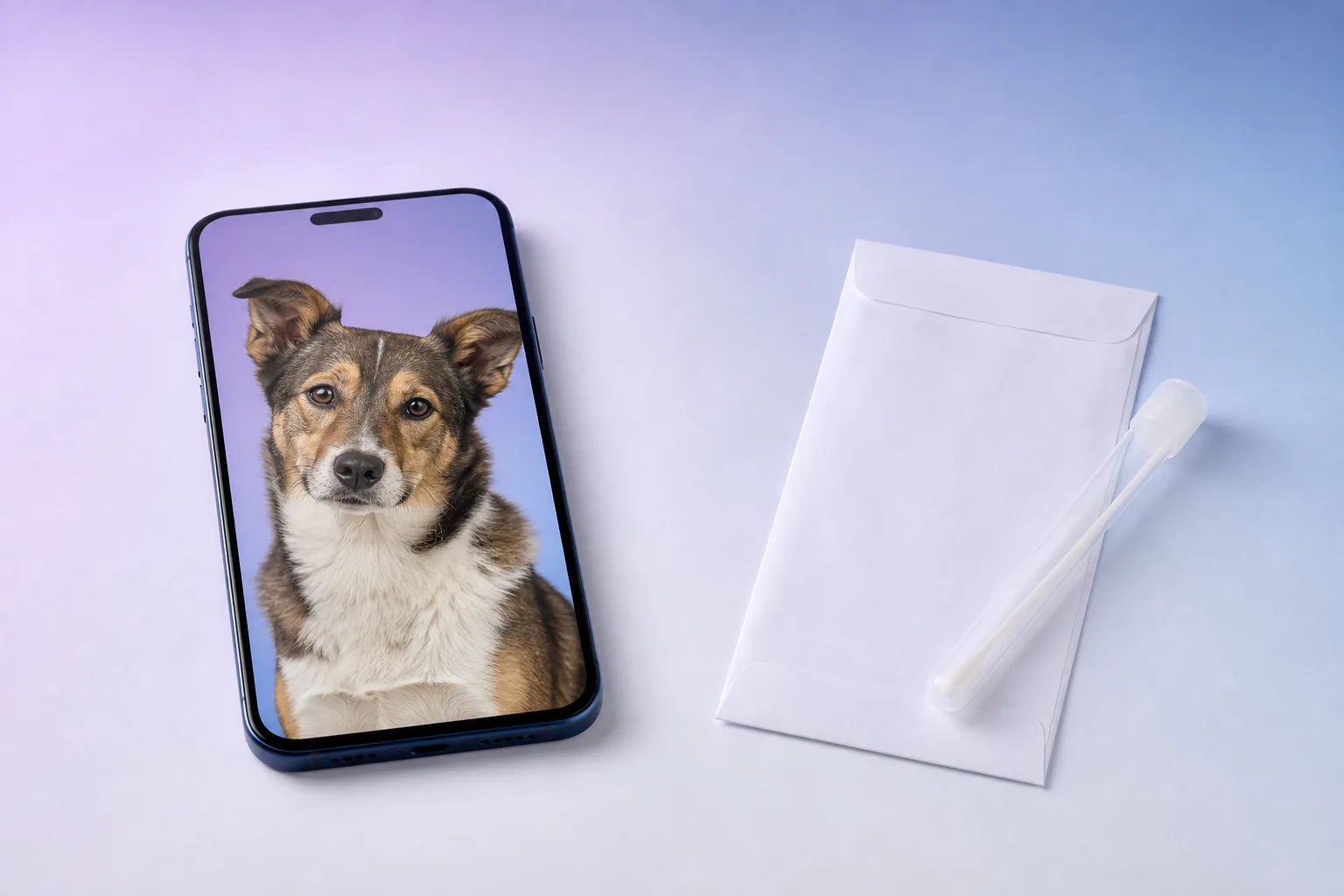 Unbranded phone with a dog photo beside a plain cheek-swab tube and sample envelope