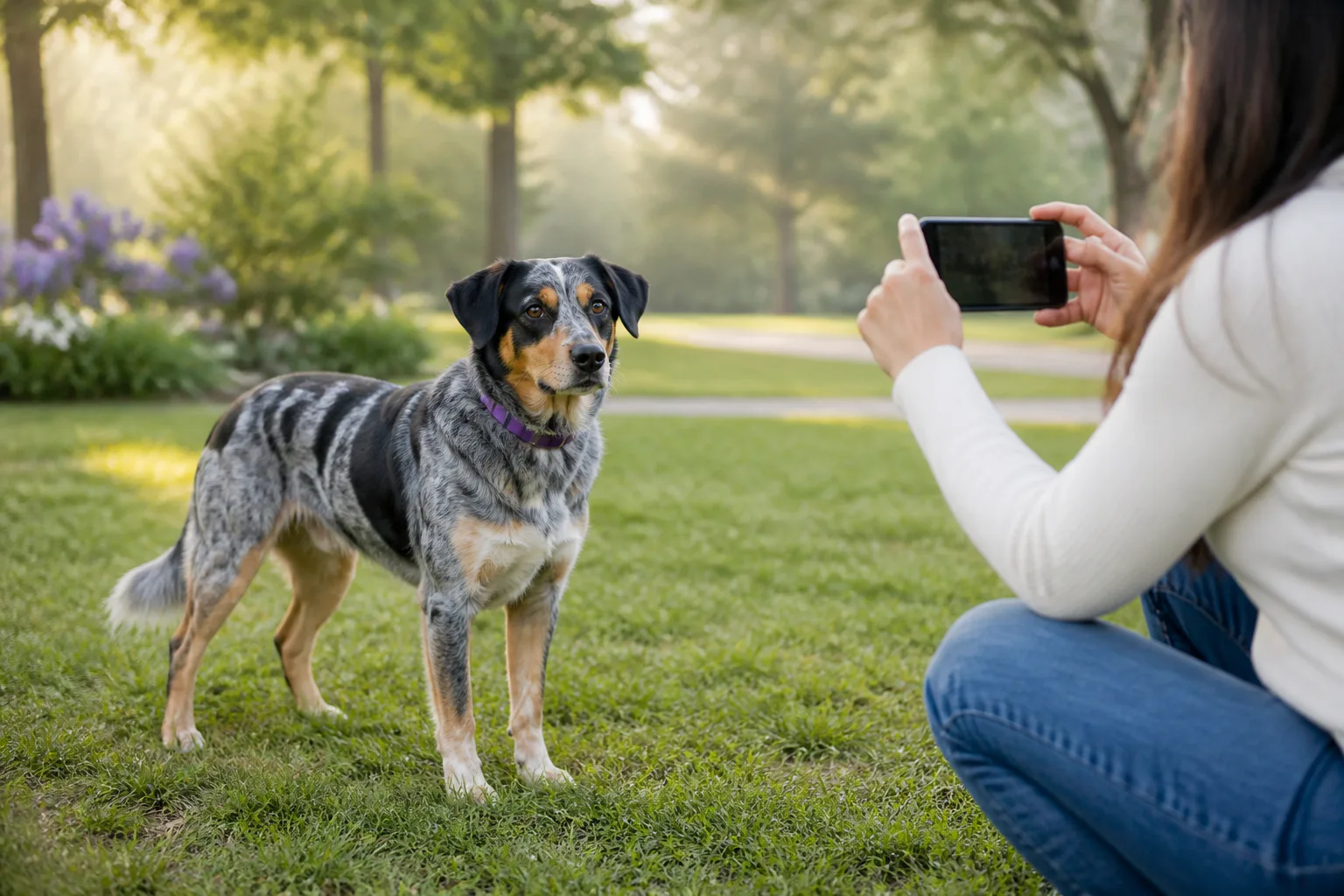 Mixed-breed dog standing in a park while its owner takes a clear full-body photo