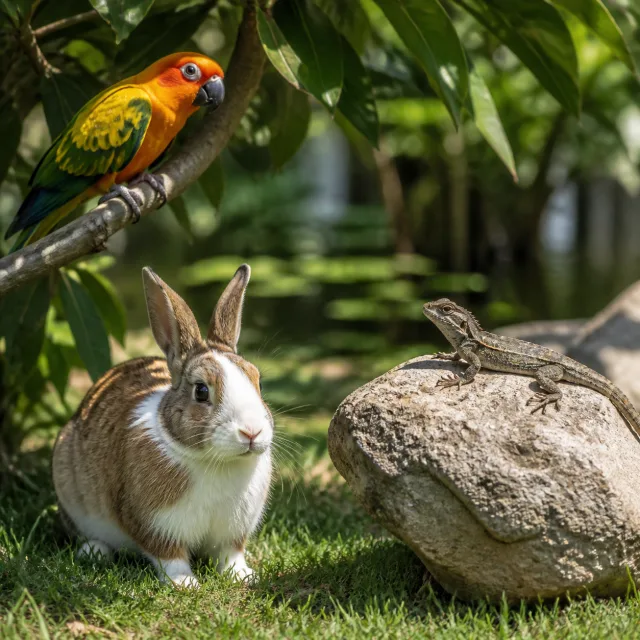 Parrot, rabbit, and lizard in connected natural habitats