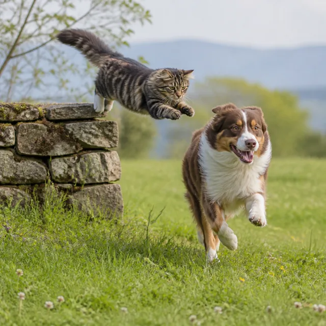 Dog running and cat leaping through a meadow