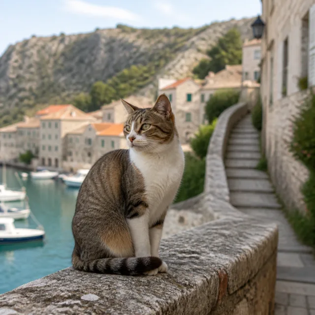 Cat overlooking a historical coastal port and travel route