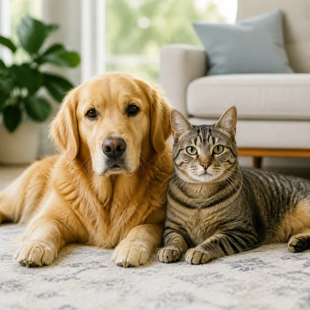 Relaxed dog and cat together in a sunlit living room
