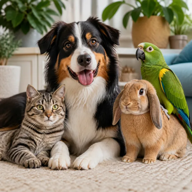 Dog, cat, parrot, and rabbit showing different visible animal traits
