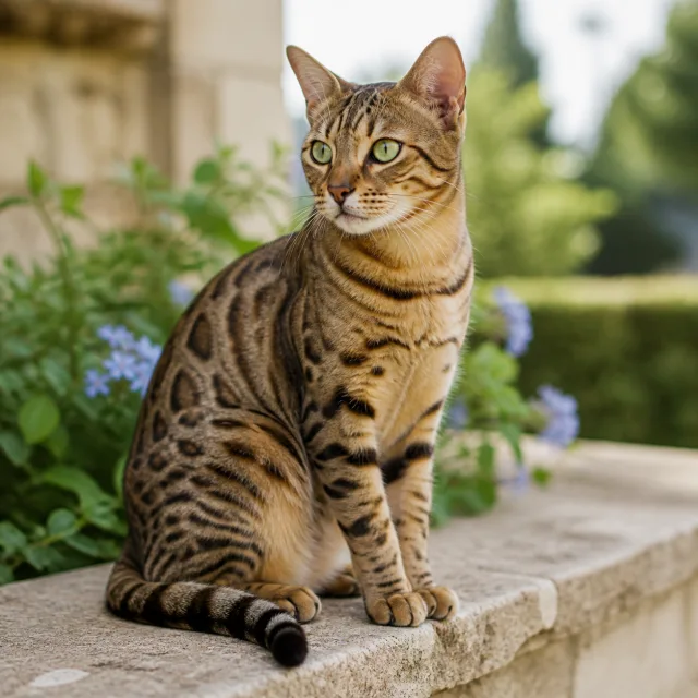Patterned domestic cat showing its coat, facial shape, and body type