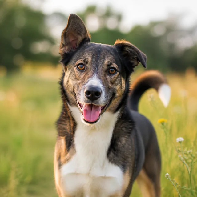Friendly mixed-breed rescue dog in a sunlit field