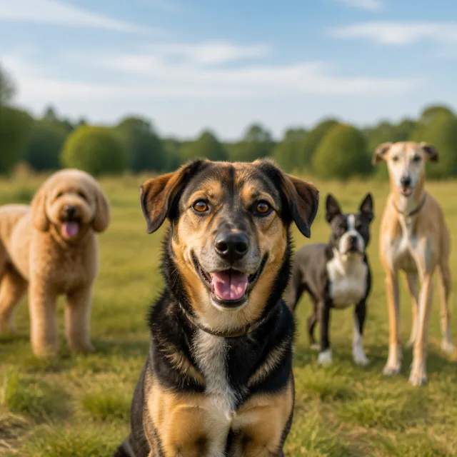 Mixed-breed dog with several likely breed profiles behind it