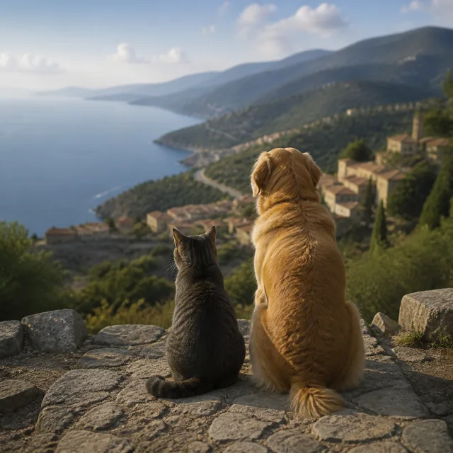 Dog and cat overlooking a coastal landscape and village