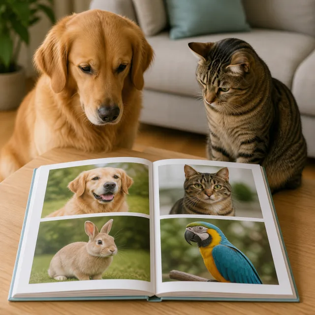 Dog and cat beside an open album of saved pet discoveries